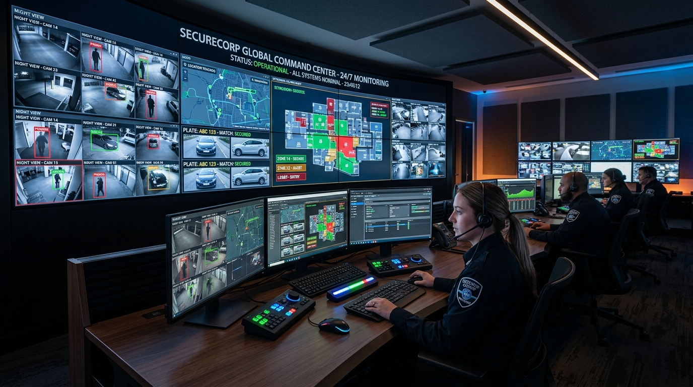 Industrial security command center with 24/7 video monitoring and alarm dispatch