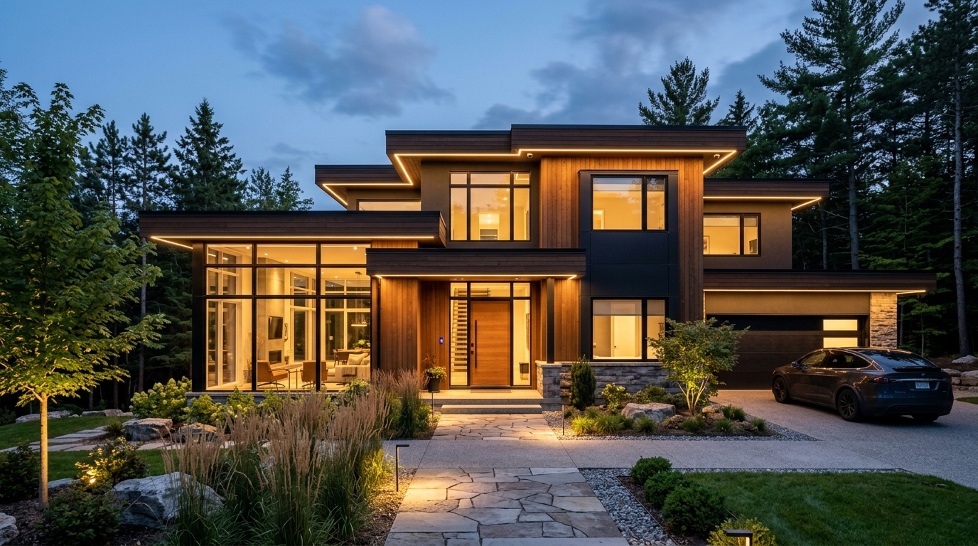 Luxury home with permanent holiday lighting, smart automation and estate driveway security gate